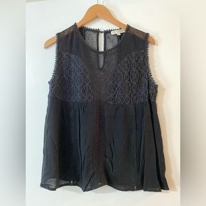 Black sheer and lace crepe sleeveless blouse
